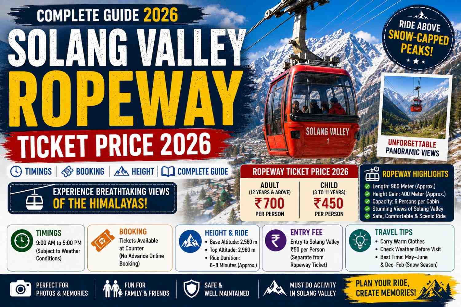 Solang Valley Ropeway Ticket Price 2026 – Timings, Booking, Height & Complete Guide